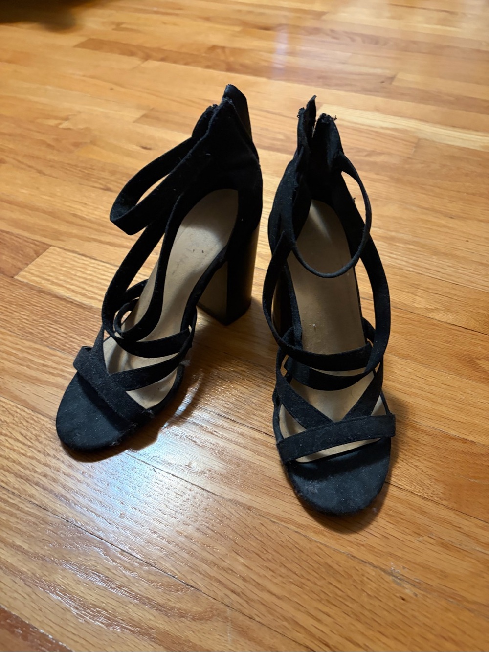 Black Strappy Block Heel Sandals - Women's